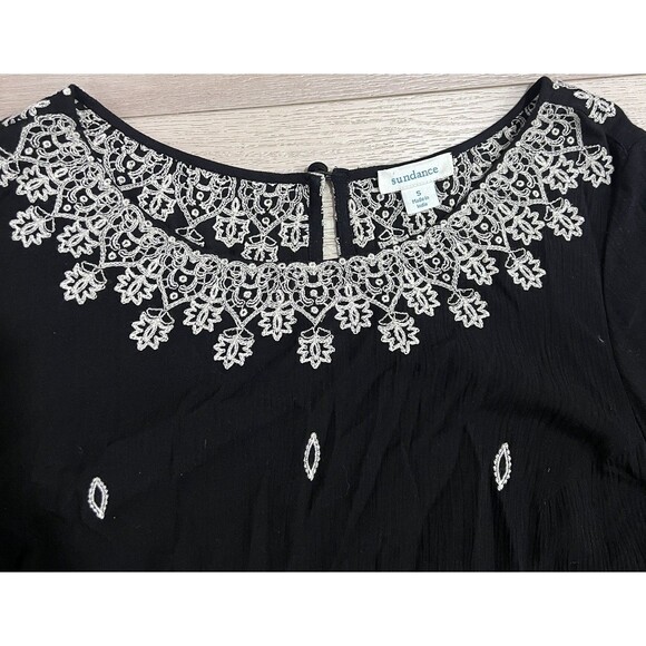 SUNDANCE Palace Shift Midi Dress Black Bell Sleeve Embroidered Scallop Hem Small - Picture 10 of 14